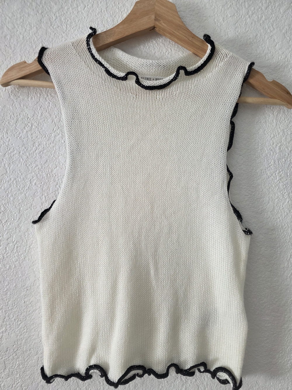 silence + noise Cream Knit Sleeveless Top with Black Trim